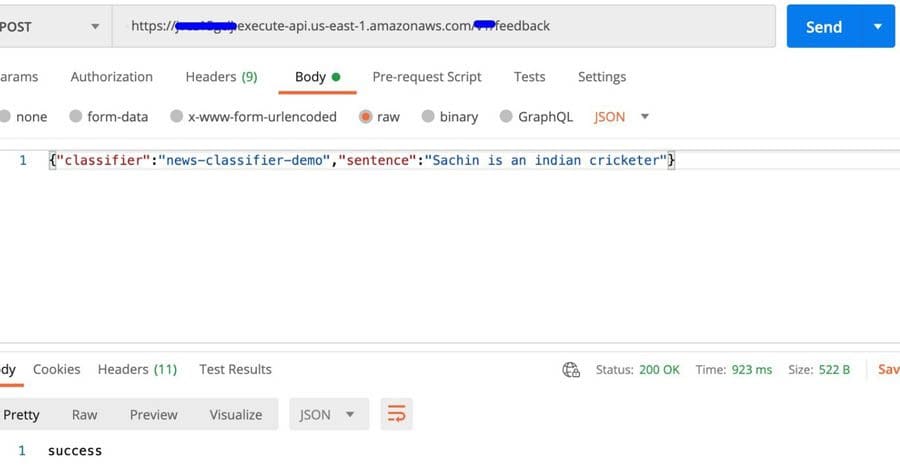 Sample JSON request to the Feedback API endpoint.