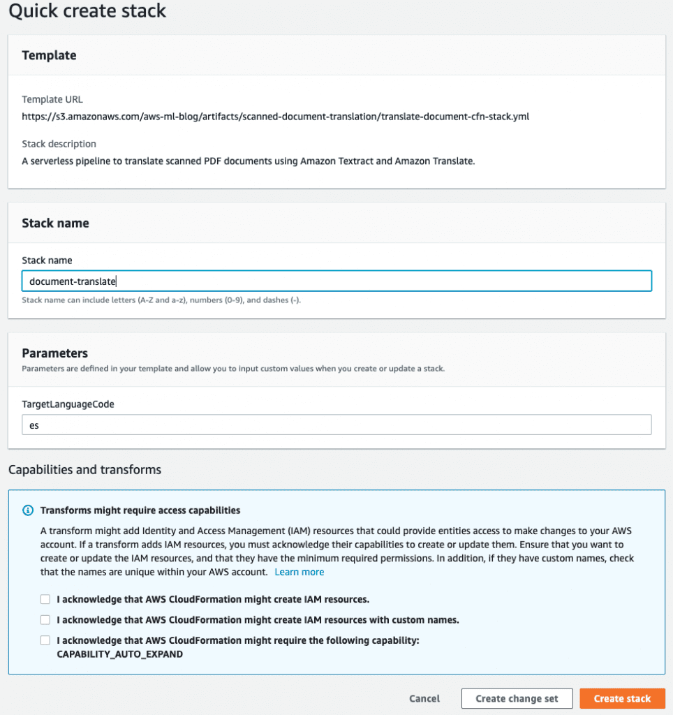 Screenshot showing Cloudformation launch page with stack name and input parameters as examples