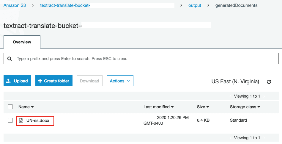 screenshot of S3 bucket output folder where translated document is located.