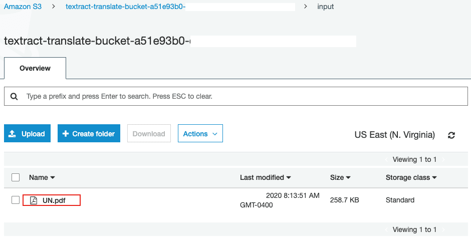 screenshot of S3 bucket uploaded with the document for translation