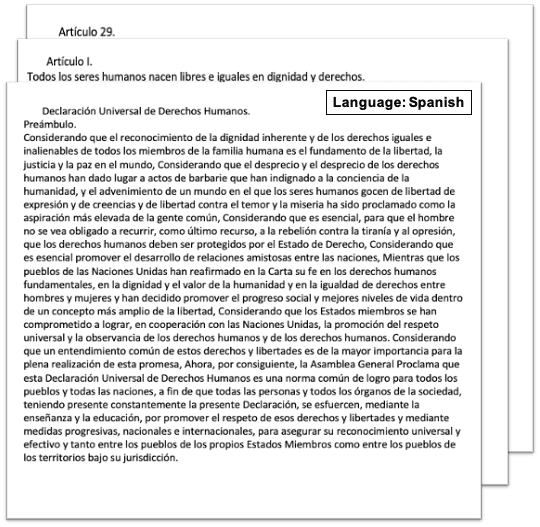 screenshot of a input sample scanned document (UN Declaration of Human Rights) translated from English to Spanish as output