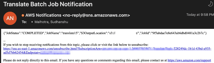 Translate job complete notification email screenshot showing job status, job name and output location of the translated job