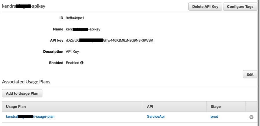 API Key section in API Gateway Console