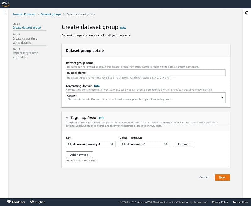 On the Forecast console, create a dataset group.