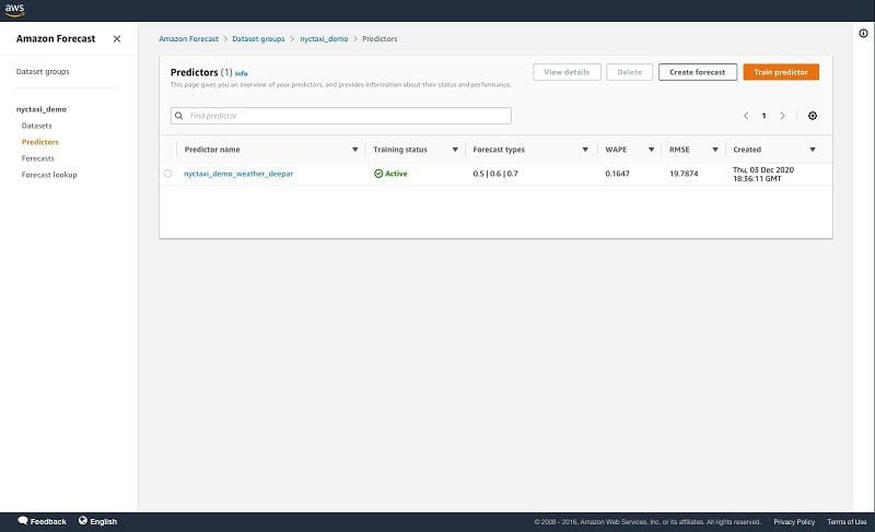 16. After your predictor is trained, choose your predictor on the Predictors page to view the details of the accuracy metrics. 