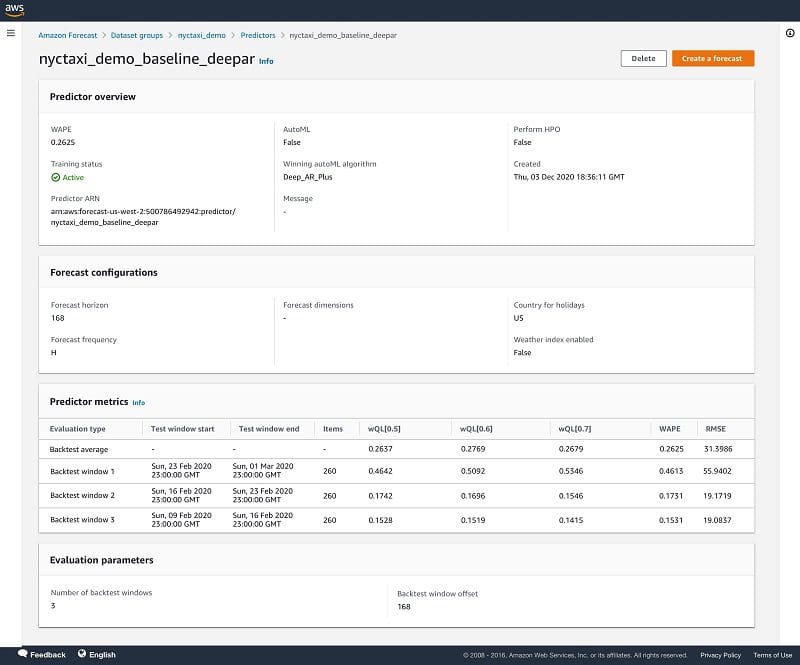 The predictor metrics for nyctaxi_demo_weather_deepar with weather enabled is shown above after the create predictor steps.