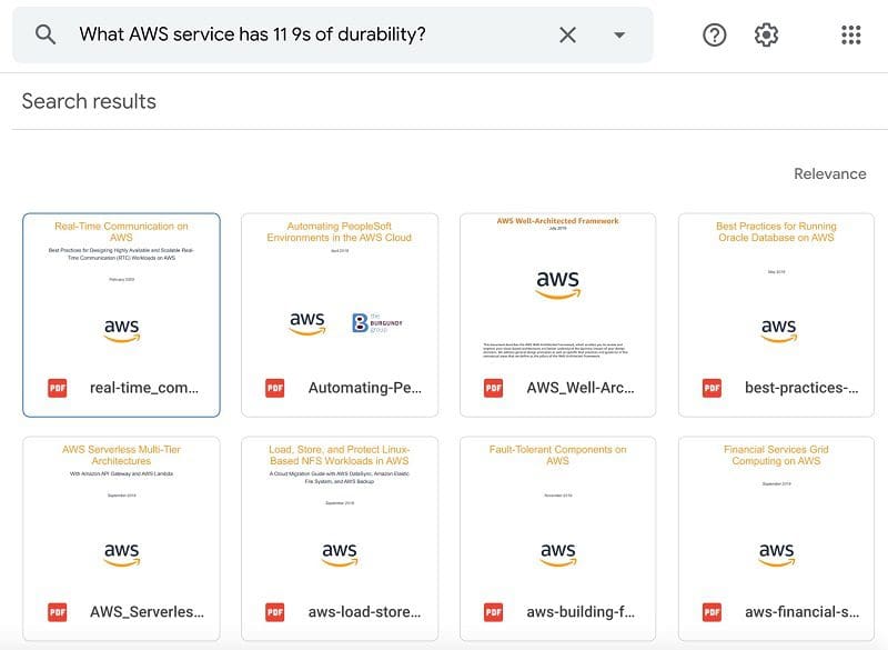 The first query I test is “What AWS service has 11 9s of durability?” The following screenshot shows the Google Drive output.