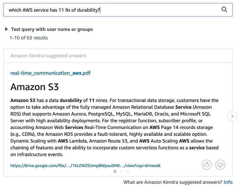 The following screenshot shows the query results in Amazon Kendra.