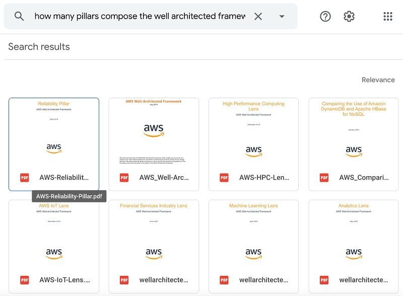 The next query is “How many pillars compose the well architected framework?” The following screenshot shows the response from Google Drive.