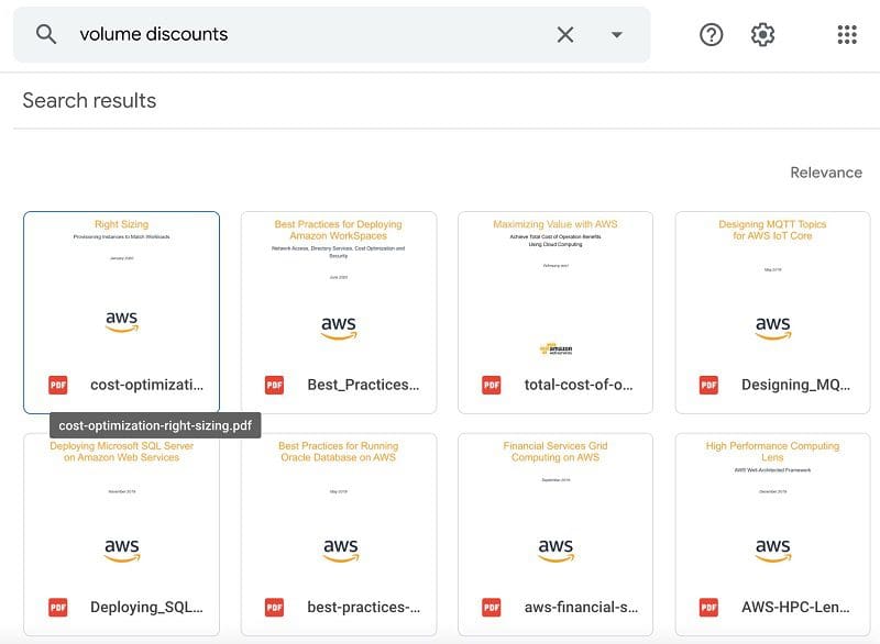 Instead of natural language search, let's try the keyword search “volume discounts.” The following screenshot shows the Google Drive response.