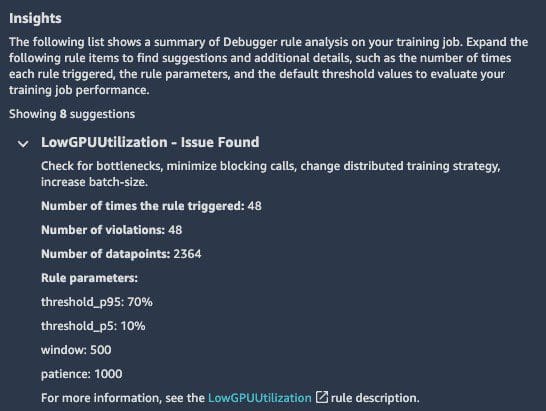 In our example, it has identified low utilization of the GPU and advises us to check for bottlenecks or increase the batch size.