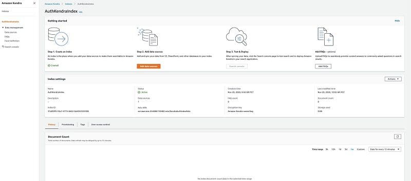 On the Amazon Kendra console, choose the index AuthKendraIndex, which was created as part of the CloudFormation stack.