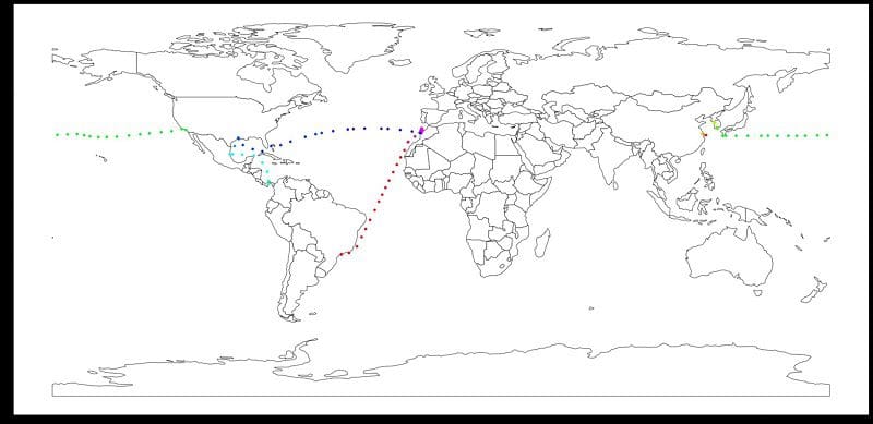 The following image shows multiple vessel voyages of the same vessel in different colors.