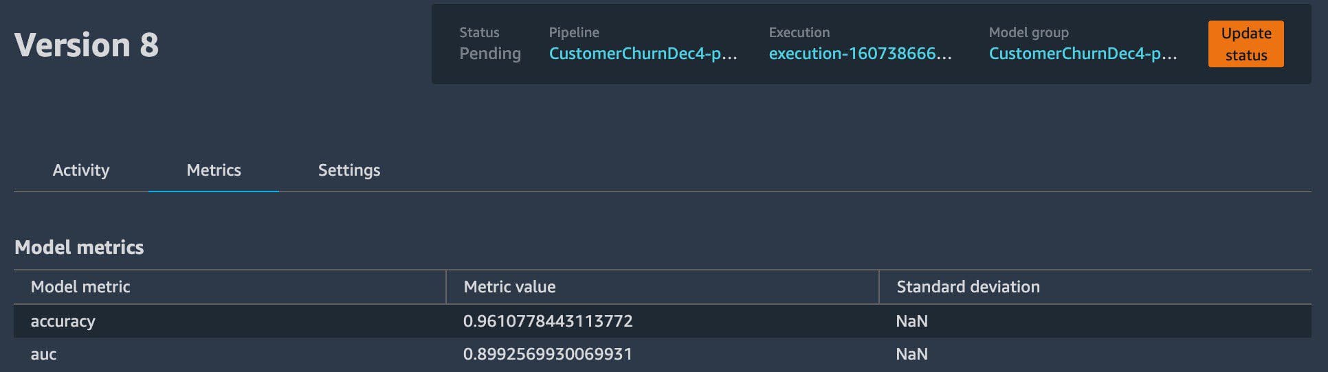 When the pipeline is complete, you can go to the Model groups tab inside the SageMaker project and inspect the metadata attached to the model artifacts.