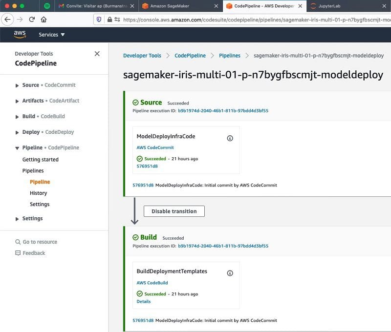 On the CodePipeline console, choose the pipeline starting with the prefix sagemaker-, followed by the name of your project.