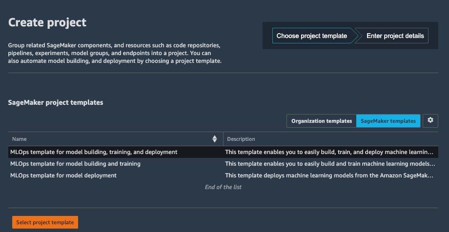 On the projects page, you can launch a preconfigured SageMaker MLOps template.