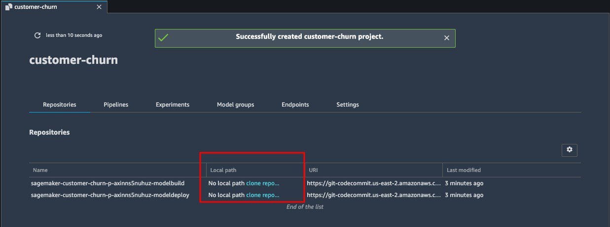 On the Repositories tab, you can select the hyperlinks to locally clone the CodeCommit repos.