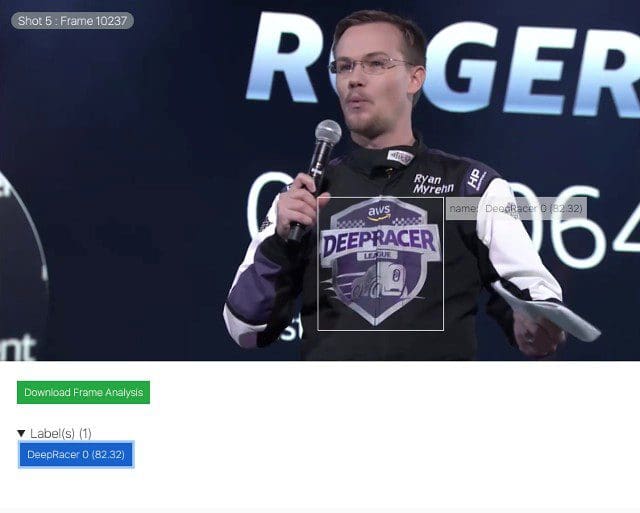 The following image shows that the AWS DeepRacer logo is detected at frame #10237 with a confidence score of 82%.