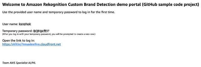 The email contains a CloudFront URL link to access the demo portal, your login username, and a temporary password.
