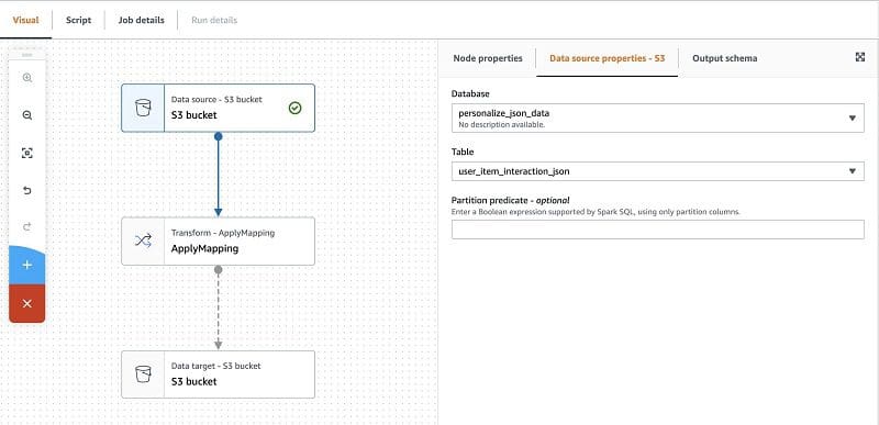 On the Data source properties – S3 tab, add the database and table we created earlier.