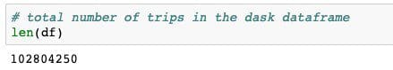 The datasets contain over 100 million trips, which are loaded into the distributed Dask DataFrame, as shown in the following screenshot.