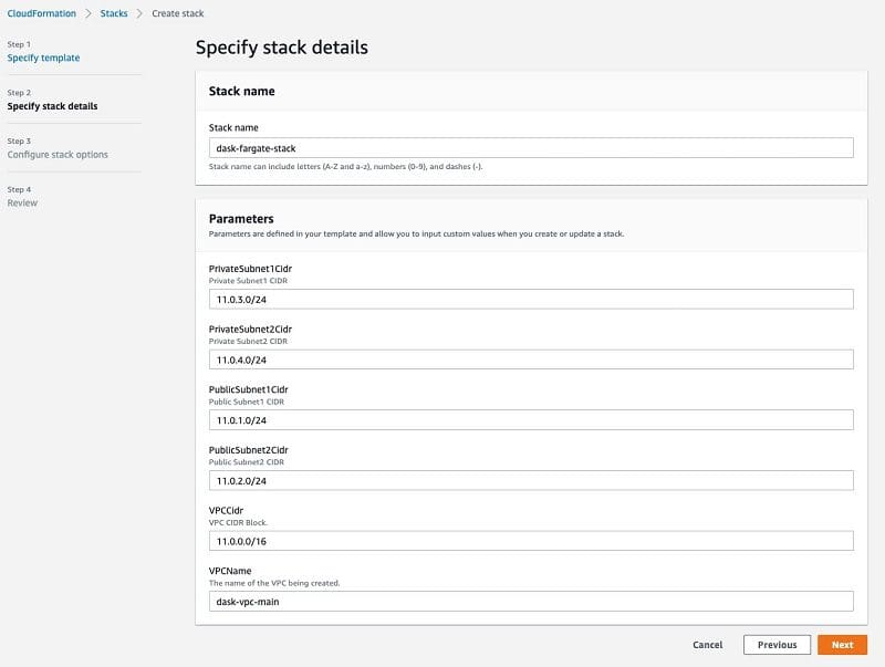 Provide the stack parameters.