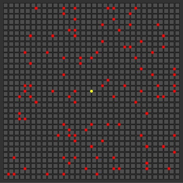 In the following visualization of the problem, displayed as a top-down map of a section of a city, the warehouse is shown as a yellow dot, and each delivery stop is shown as a red dot.