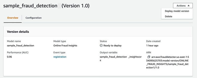 On the model version details page, on the Actions menu, choose Deploy model version.