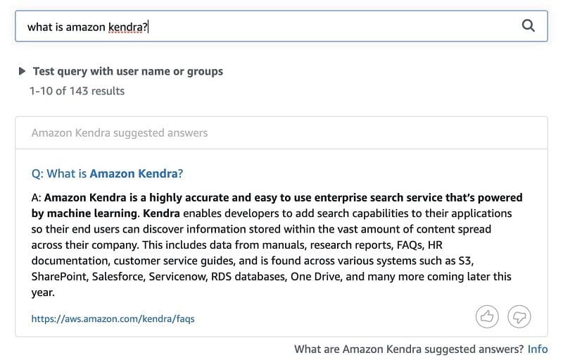 For example, the following screenshot shows the results for the question “what is Amazon Kendra?”