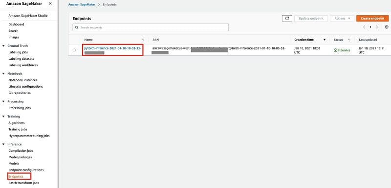 After deploying the estimator for online prediction, take note of the inference endpoint name, which you use in the next step.