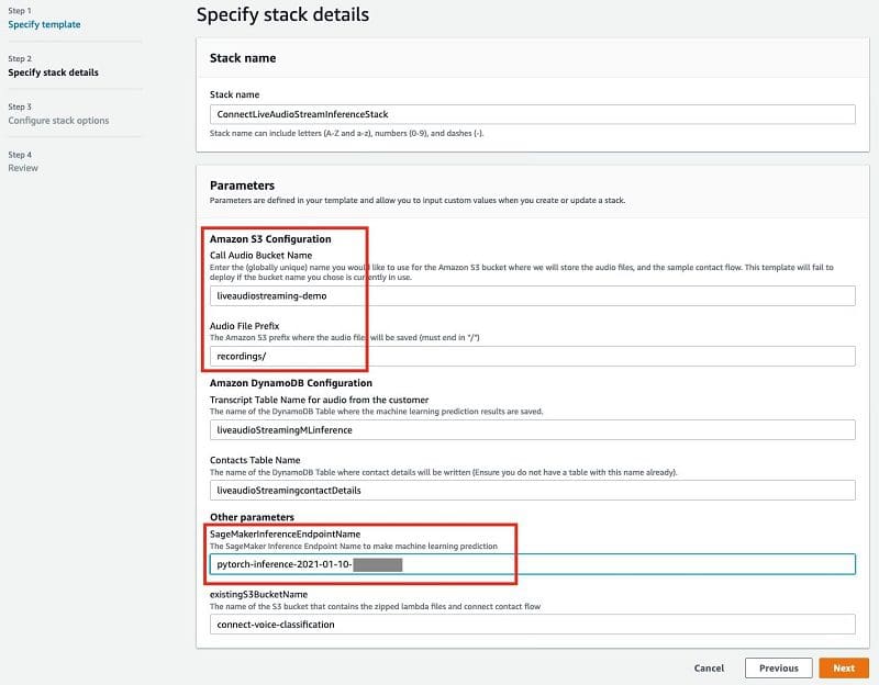 You need to fill in the S3 bucket name for the audio recording and the SageMaker inference endpoint as parameters.