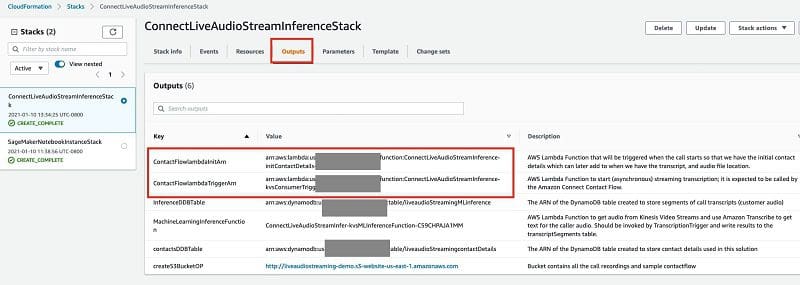 Take note of the CloudFormation stack outputs for the Lambda function ARNs, which you use in the next step.