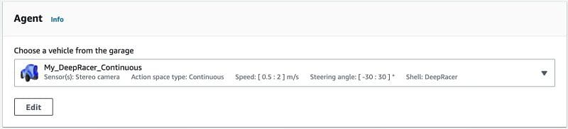 Lastly, choose your virtual car to use, which contains your desired action spaces. For this post, we chose My_DeepRacer_Continuous.