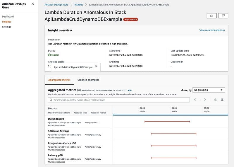 The following screenshot illustrates an example insight detail page from DevOps Guru