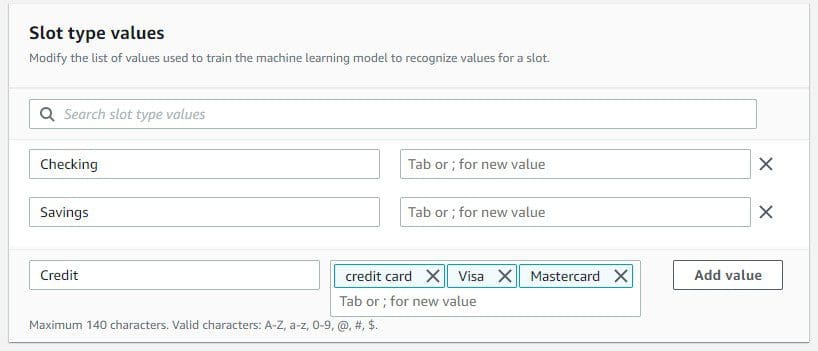 You’ve now created a custom slot type for accountType.