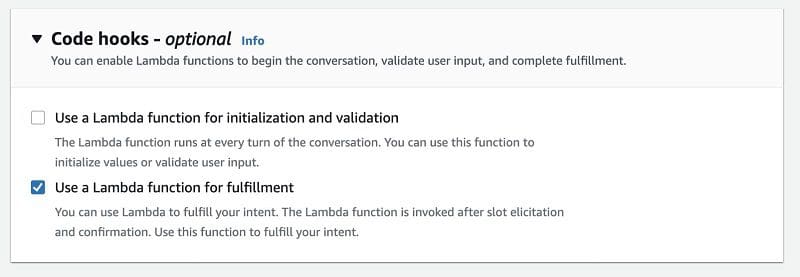 Under Code hooks, select Use a Lambda function for fulfillment.