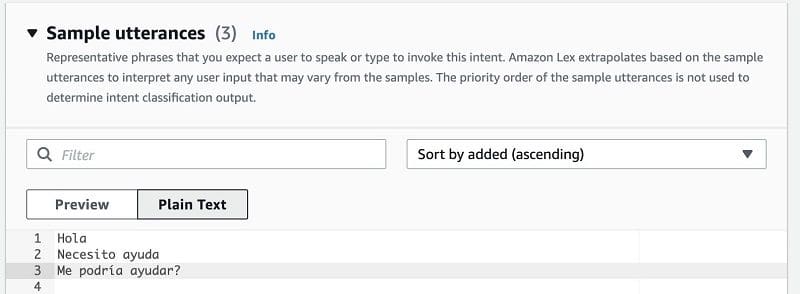 Under Sample utterances, on the Plain text tab, enter the following: