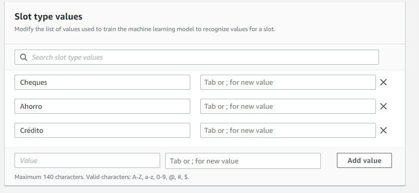 Add the Spanish slot values Cheques (Checking), Ahorro (Savings), and Crédito (Credit).