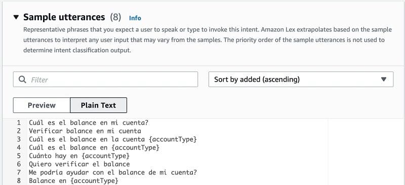 Under Sample utterances, on the Plain text tab, enter the following: