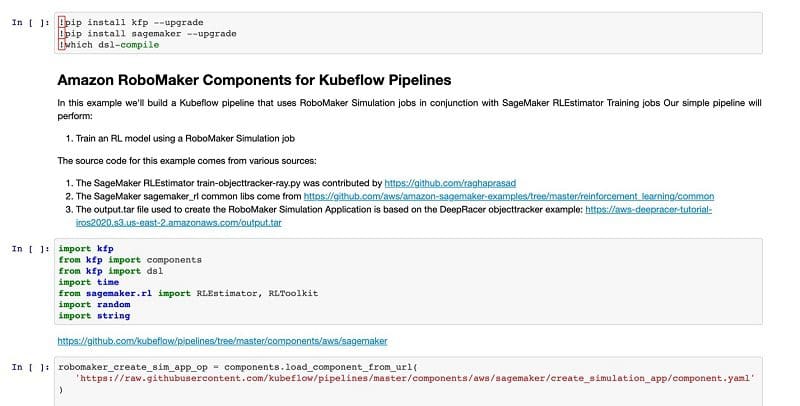 The following screenshot shows the kfp-robomaker-example.ipynb notebook.