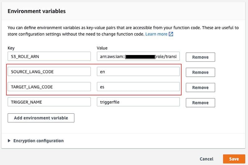 To do a translation for a different source-target language combination, you can update the SOURCE_LANG_CODE and TARGET_LANG_CODE environment variable