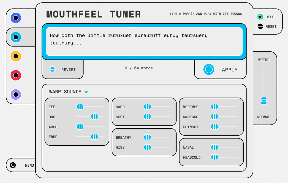 A dashboard with toggles for changing the letters in a sentence