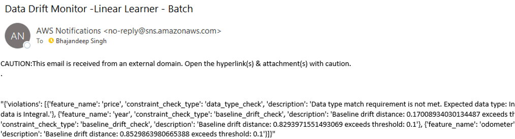 SageMaker model drift monitor email