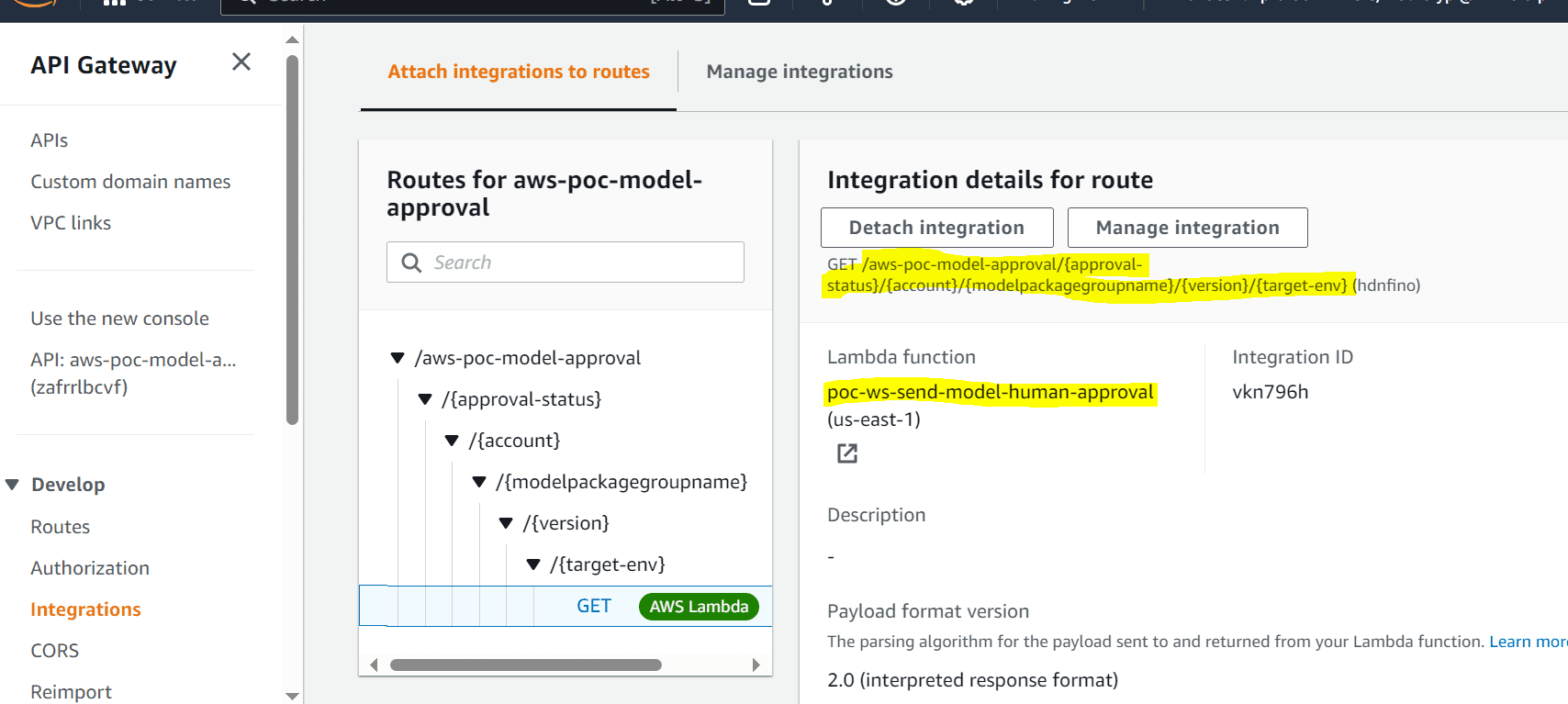 API GW route integration details