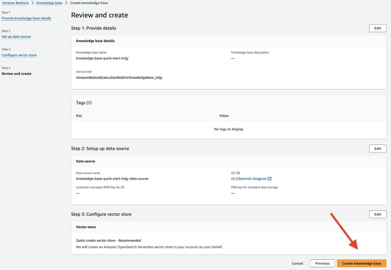 Review knowledge base options and create knowledge base 