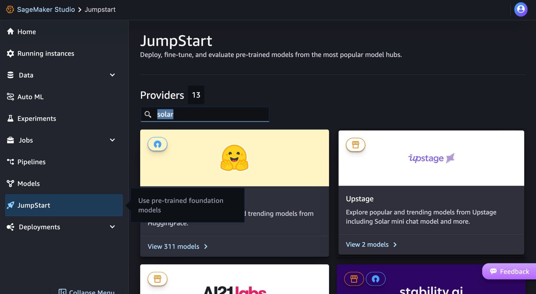 Figure - Search Solar model in Amazon SageMaker JumpStart