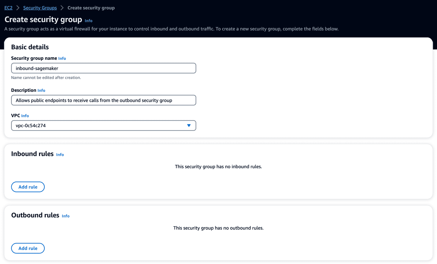 create a security group for developing in a secure environment in vpc SageMaker