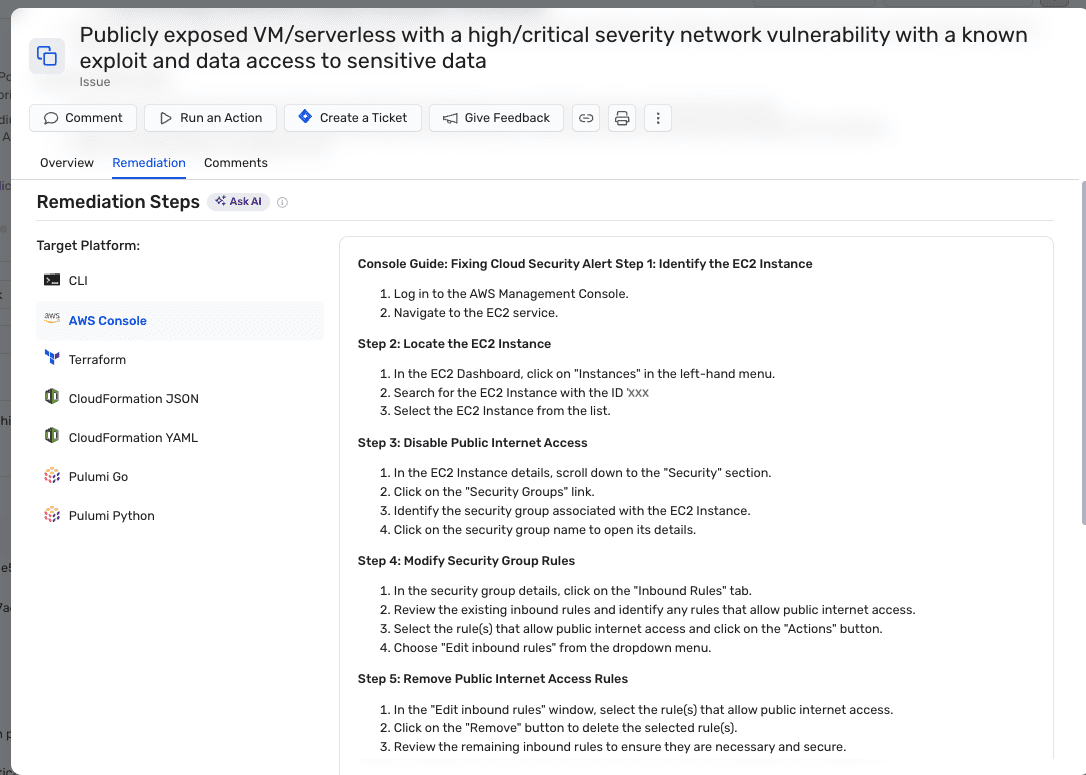 An example of the remediation steps generated by Amazon Bedrock for a Wiz Issue