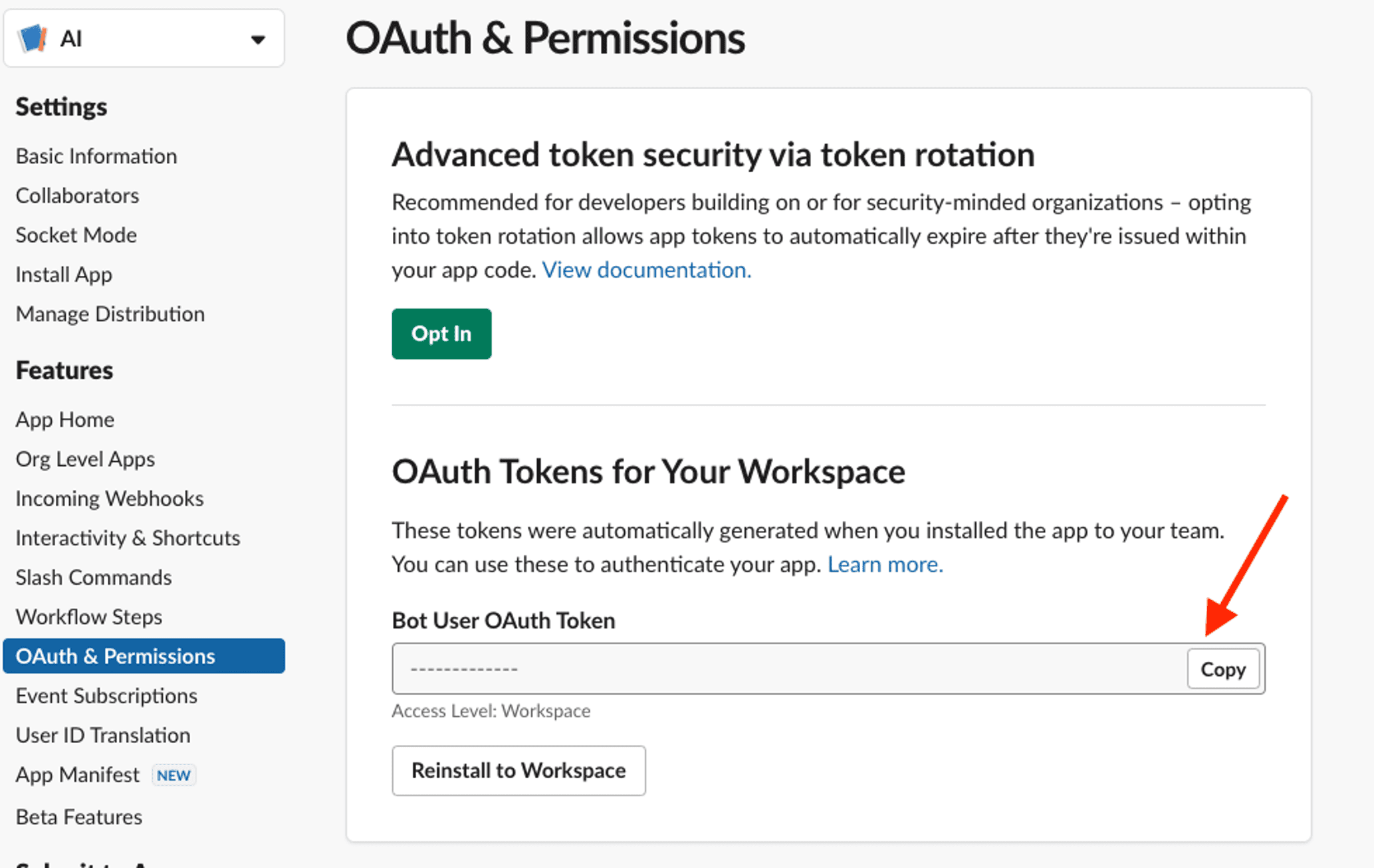 OAuth and permissions for Slack application