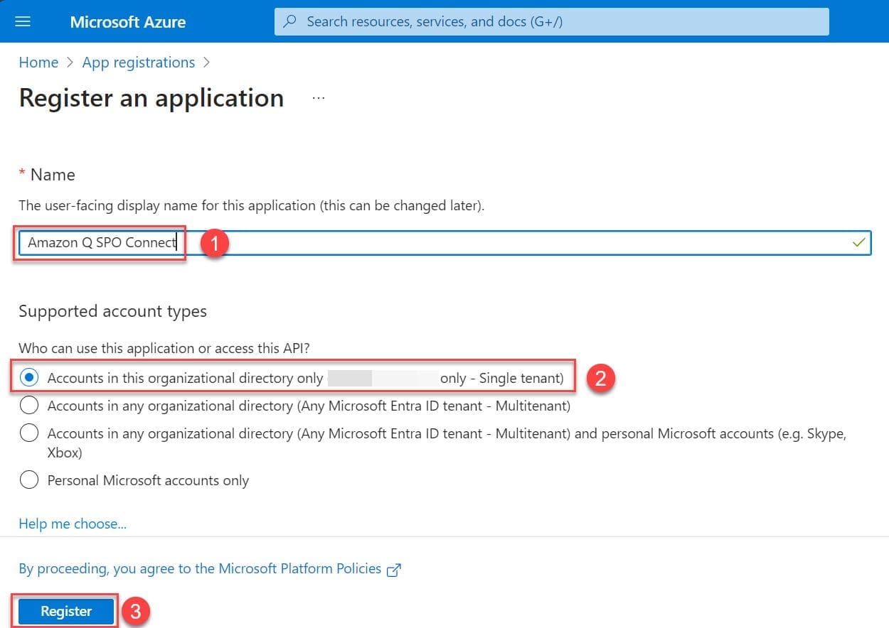 Azure Portal for App registration with name and account types field